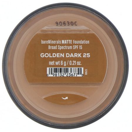 Foundation, Face, Makeup: Bare Minerals, Matte Foundation, SPF 15, Golden Dark 25, 0.21 oz (6 g)