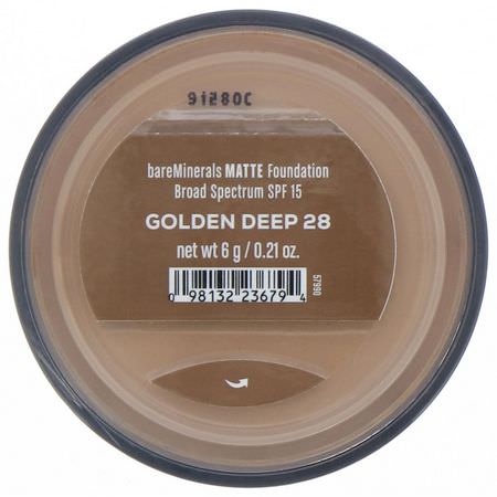 Foundation, Face, Makeup: Bare Minerals, Matte Foundation, SPF 15, Golden Deep 28, 0.21 oz (6 g)