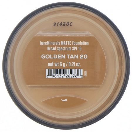 Foundation, Face, Makeup: Bare Minerals, Matte Foundation, SPF 15, Golden Tan 20, 0.21 oz (6 g)