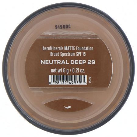 Foundation, Face, Makeup: Bare Minerals, Matte Foundation, SPF 15, Neutral Deep 29, 0.21 oz (6 g)