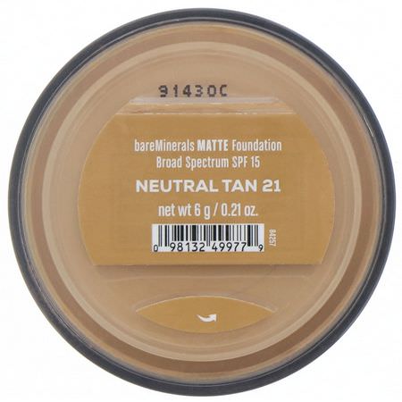 Foundation, Face, Makeup: Bare Minerals, Matte Foundation, SPF 15, Neutral Tan 21, 0.21 oz (6 g)