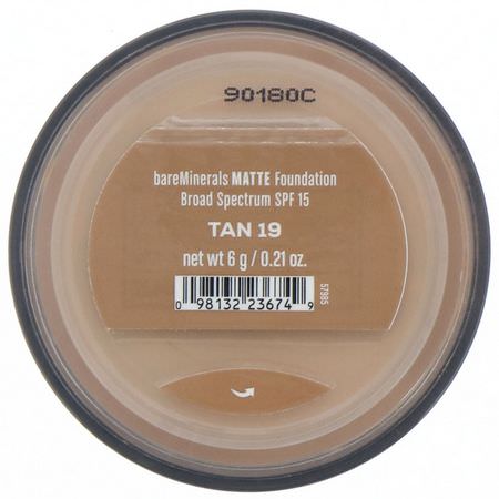 Foundation, Face, Makeup: Bare Minerals, Matte Foundation, SPF 15, Tan 19, 0.21 oz (6 g)