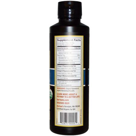 Omega 3-6-9-Kombinationer, Efa, Linfrötillskott, Omegas Epa Dha: Barlean's, Organic Lignan Flax Oil, 12 fl oz (355 ml)