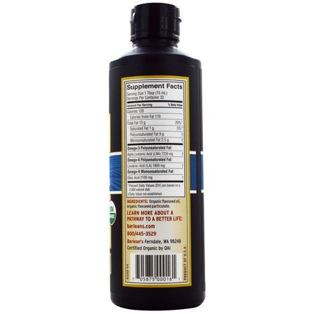 Omega 3-6-9 Kombinationer, Efa, Linfrötillskott, Omegas Epa Dha: Barlean's, Organic, Lignan Flax Oil, 16 fl oz (473 ml)