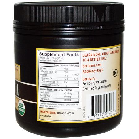 Kokosnötsolja, Kokosnöttillskott: Barlean's, Organic Virgin Coconut Oil, 16 fl oz (473 ml)