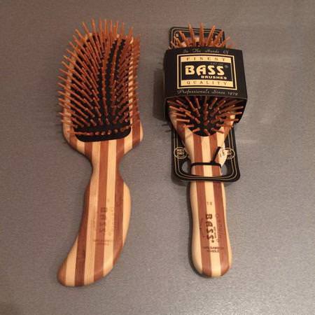 Bass Brushes, Large Oval, Hair Brush, Cushion Wood Bristles with Stripped Bamboo Handle, 1 Hair Brush