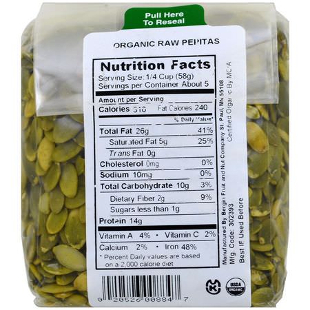 Pepitas, Pumpafrön, Nötter: Bergin Fruit and Nut Company, Organic Raw Pepitas, 10 oz (284 g)