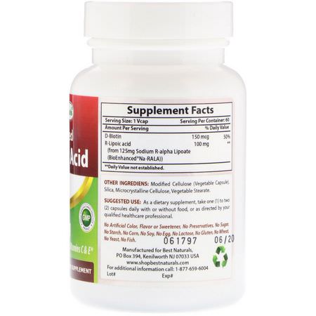 Alpha Lipoic Acid, Antioxidants, Supplements: Best Naturals, Stabilized R-Lipoic Acid, 100 mg, 60 VCaps