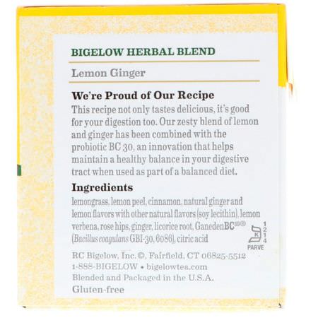 Örtte, Ingefära Te: Bigelow, Herbal Tea Plus Probiotics, Lemon Ginger, Caffeine Free, 18 Tea Bags, 1.39 oz (39 g)