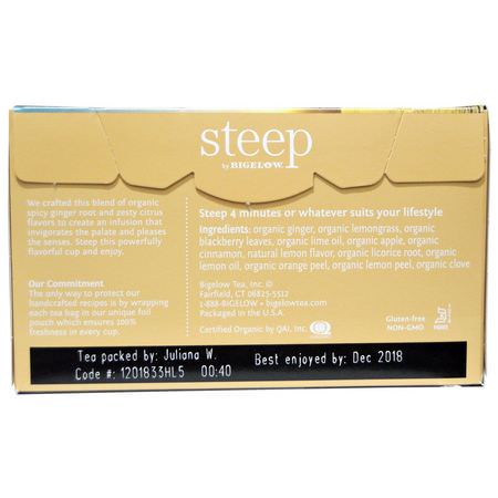 Örtte, Ingefära Te: Bigelow, Steep, Organic Lemon Ginger Tea, 20 Tea Bags, 1.60 oz (45 g)