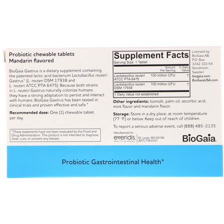 Lactobacillus, Probiotics, Blat, Gas: BioGaia, Gastrus, For GI Tract, Mandarin Flavored, 30 Chewable Tablets