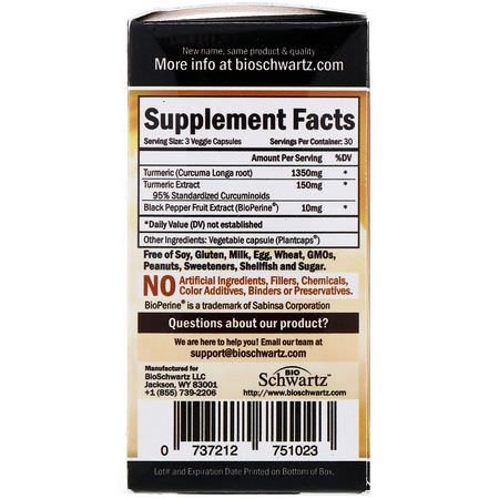 Curcumin, Gurkmeja, Antioxidanter, Kosttillskott: BioSchwartz, Premium Ultra Pure Turmeric Curcumin with Bioperine, 1500 mg, 90 Veggie Caps