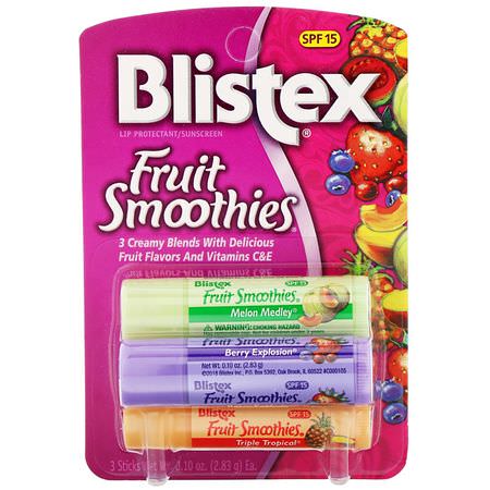 Spf, Läppbalsam, Läppvård, Bad: Blistex, Lip Protectant/Sunscreen, SPF 15, Fruit Smoothies, 3 Sticks, .10 oz (2.83 g) Each