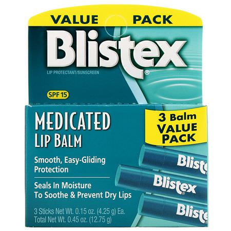 Spf, Medicinerad, Läppbalsam, Läppvård: Blistex, Medicated Lip Balm, Lip Protectant/Sunscreen, SPF 15, 3 Balm Value Pack, .15 oz (4.25 g) Each