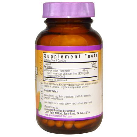 Superoxide Dismutase Sod, Antioxidanter, Kosttillskott: Bluebonnet Nutrition, Cantaloupe, Melon Fruit Extract, 100 IU, 60 Vcaps