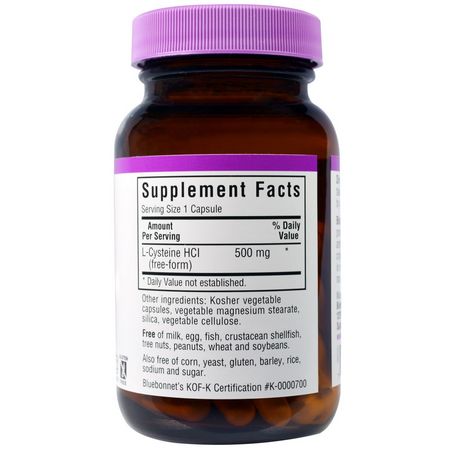L-Cystein, Aminosyror, Kosttillskott: Bluebonnet Nutrition, L-Cysteine, 500 mg, 60 Veggie Caps