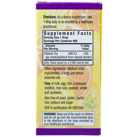 D3 Cholecalciferol, D-Vitamin, Vitaminer, Kosttillskott: Bluebonnet Nutrition, Liquid Vitamin D3 Drops, Natural Citrus Flavor, 400 IU, 1 fl oz (30 ml)