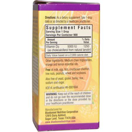 D3 Cholecalciferol, D-Vitamin, Vitaminer, Kosttillskott: Bluebonnet Nutrition, Liquid Vitamin D3 Drops, Natural Citrus Flavor, 5,000 IU, 1 fl oz (30 ml)