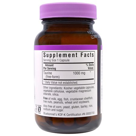 L-Taurine, Aminosyror, Kosttillskott: Bluebonnet Nutrition, Taurine, 1,000 mg, 50 Veggie Caps