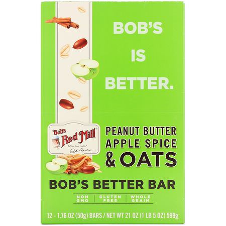 Näringsstänger: Bob's Red Mill, Bob's Better Bar, Peanut Butter Apple Spice & Oats, 12 Bars, 1.76 oz (50 g) Each