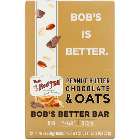 Näringsstänger: Bob's Red Mill, Bob's Better Bar, Peanut Butter Chocolate & Oats, 12 Bars, 1.76 oz (50 g) Each