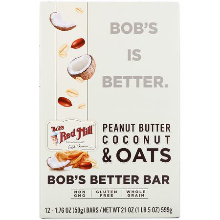 Näringsstänger: Bob's Red Mill, Bob's Better Bar, Peanut Butter Coconut & Oats, 12 Bars, 1.76 oz (50 g) Each