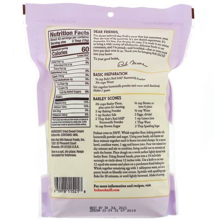 Mjölkpulver, Drycker: Bob's Red Mill, Buttermilk Powder, Sweet Cream, 22 oz (624 g)
