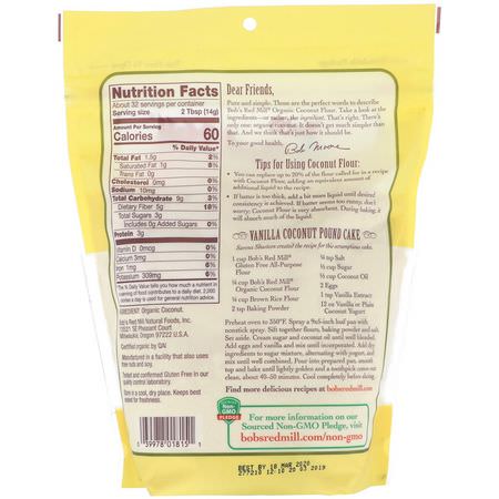 Kokosmjöl, Blandningar, Mjöl, Bakning: Bob's Red Mill, Organic Coconut Flour, Gluten Free, 16 oz (453 g)
