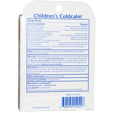 Förkylning, Kosttillskott, Hosta, Influensa: Boiron, Coldcalm, Children's Cold Relief, 2 Tubes, Approx 80 Pellets Per Tube