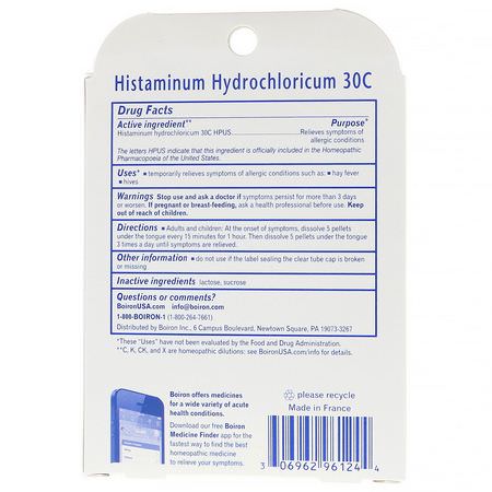 Histaminum Hydrochloricum, Homeopati, Örter: Boiron, Single Remedies, Histaminum 30C, Allergy Relief, 3 Tubes, Approx. 80 Quick-Dissolving Pellets Per Tube