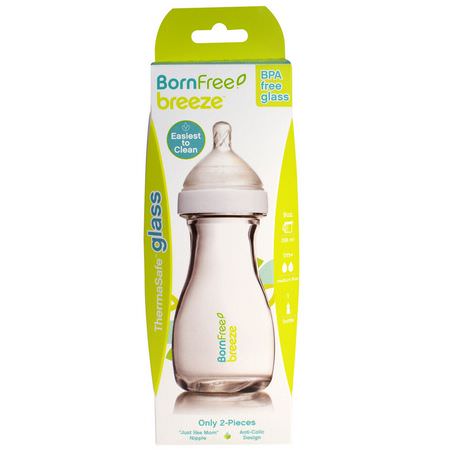 Bröstvårtor, Babyflaskor, Barnmatning, Barn: Born Free, Breeze, Baby Bottle, Glass, 1m+, Medium Flow, 1 Bottle, 9 oz (266 ml)