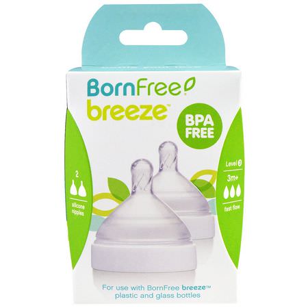 Bröstvårtor, Babyflaskor, Barnmatning, Barn: Born Free, Breeze, Silicone Nipples, Level 3, 3m+, Fast Flow, 2 Pack