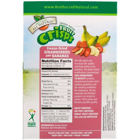 Blandad Frukt, Grönsaker, Grönsaksnacks, Frukt: Brothers-All-Natural, Fruit Crisps, Freeze-Dried Strawberries & Bananas, 12 Single-Serve Bags, 0.42 oz (12 g) Each