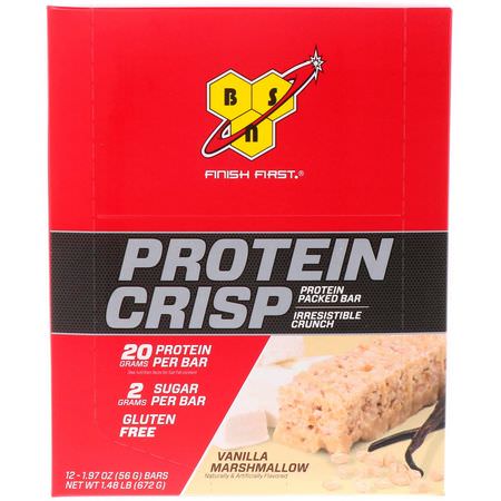 Vassleproteinstänger, Proteinstänger, Brownies, Kakor: BSN, Protein Crisp, Vanilla Marshmallow, 12 Bars, 1.97 oz (56 g) Each