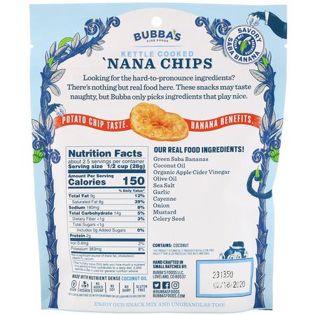 Bananer, Superfood, Chips, Snacks: Bubba's Fine Foods, 'Nana Chips, Blazing Buffalo, 2.7 oz (77 g)