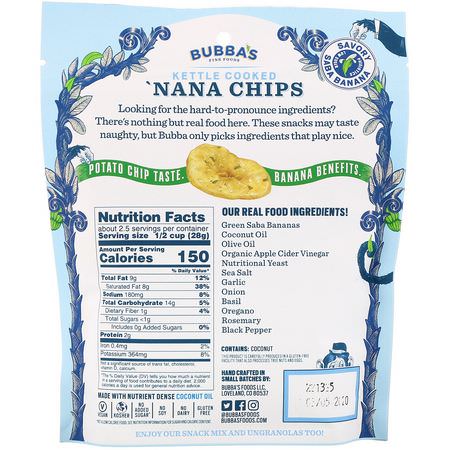 Bananer, Superfood, Chips, Snacks: Bubba's Fine Foods, 'Nana Chips, Grand Garlic Parm, 2.7 oz (77 g)