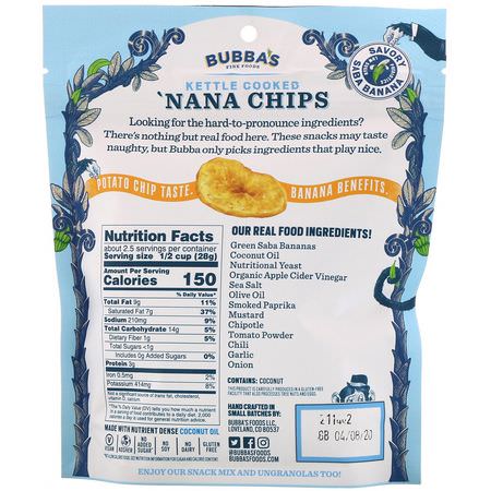 Bananer, Superfood, Chips, Snacks: Bubba's Fine Foods, 'Nana Chips, Not-Cho Nacho, 2.7 oz (77 g)