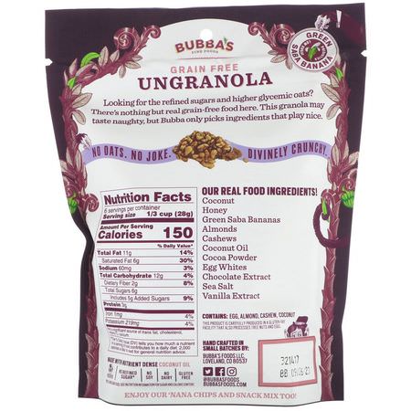 Snack Mixes, Snacks, Granola, Breakfast Foods: Bubba's Fine Foods, UnGranola, Dark Chocolate with Sea Salt, 6 oz (170 g)