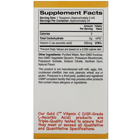 Askorbinsyra, Vitamin C, Vitaminer, Kosttillskott: California Gold Nutrition, Children's Liquid Gold Vitamin C, USP Grade, Natural Orange Flavor, 4 fl oz (118 ml)