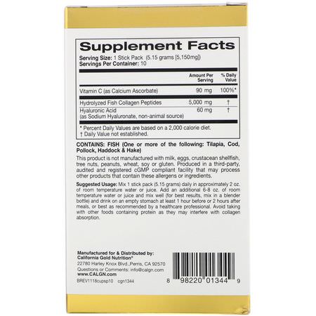 Kollagentillskott, Fog, Ben, Kosttillskott: California Gold Nutrition, CollagenUp, Marine Collagen + Hyaluronic Acid + Vitamin C, Unflavored, 10 Packets, 0.18 oz (5.15 g) Each