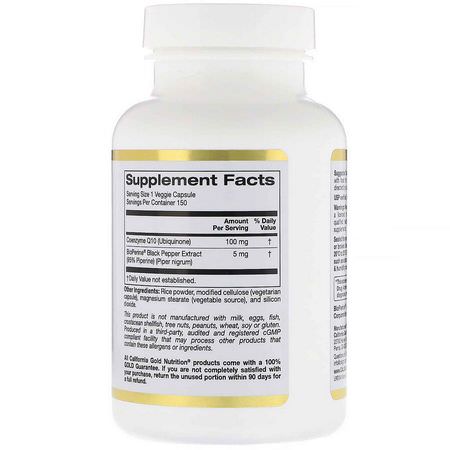 Koenzym Q10, Coq10, Antioxidanter, Kosttillskott: California Gold Nutrition, CoQ10 USP with Bioperine, 100 mg, 150 Veggie Capsules