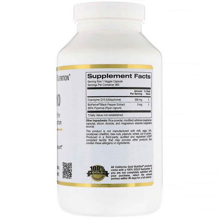 Coenzyme Q10, Coq10, Antioxidanter, Kosttillskott: California Gold Nutrition, CoQ10 USP with Bioperine, 200 mg, 360 Veggie Capsules