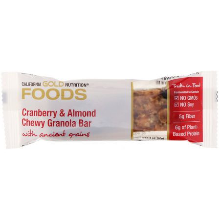 Växtbaserade Proteinstänger: California Gold Nutrition, Cranberry & Almond Chewy Granola Bars, 1.4 oz (40 g)