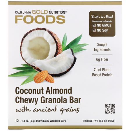 Växtbaserade Proteinstänger: California Gold Nutrition, Foods, Coconut Almond Chewy Granola Bars, 12 Bars, 1.4 oz (40 g) Each