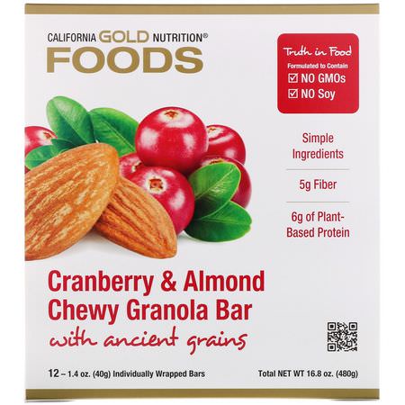 Växtbaserade Proteinstänger: California Gold Nutrition, Foods, Cranberry & Almond Chewy Granola Bars, 12 Bars, 1.4 oz (40 g) Each