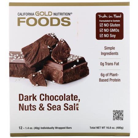 Snackbarer, Växtbaserade Proteinbarer, Proteinbarer, Brownies: California Gold Nutrition, Foods, Dark Chocolate Nuts & Sea Salt Bars, 12 Bars, 1.4 oz (40 g) Each