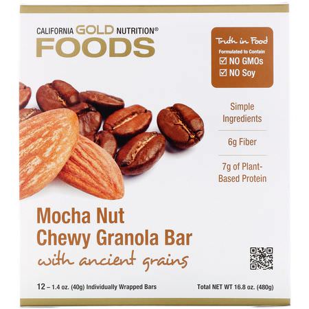 Växtbaserade Proteinstänger: California Gold Nutrition, Foods, Mocha Nut Chewy Granola Bars, 12 Bars, 1.4 oz (40 g) Each