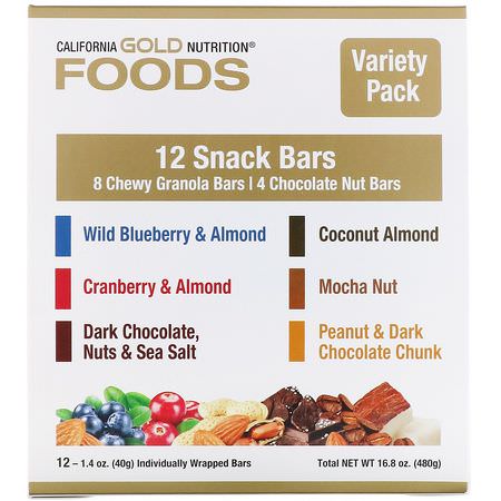 Växtbaserade Proteinstänger: California Gold Nutrition, Foods, Variety Pack Snack Bars, 12 Bars, 1.4 oz (40 g) Each