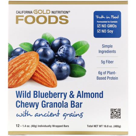 Växtbaserade Proteinstänger: California Gold Nutrition, Foods, Wild Blueberry & Almond Chewy Granola Bars, 12 Bars, 1.4 oz (40 g) Each