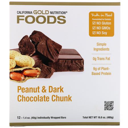 Växtbaserade Proteinstänger: California Gold Nutrition, Foods, Peanut & Dark Chocolate Chunk Bars, 12 Bars, 1.4 oz (40 g) Each